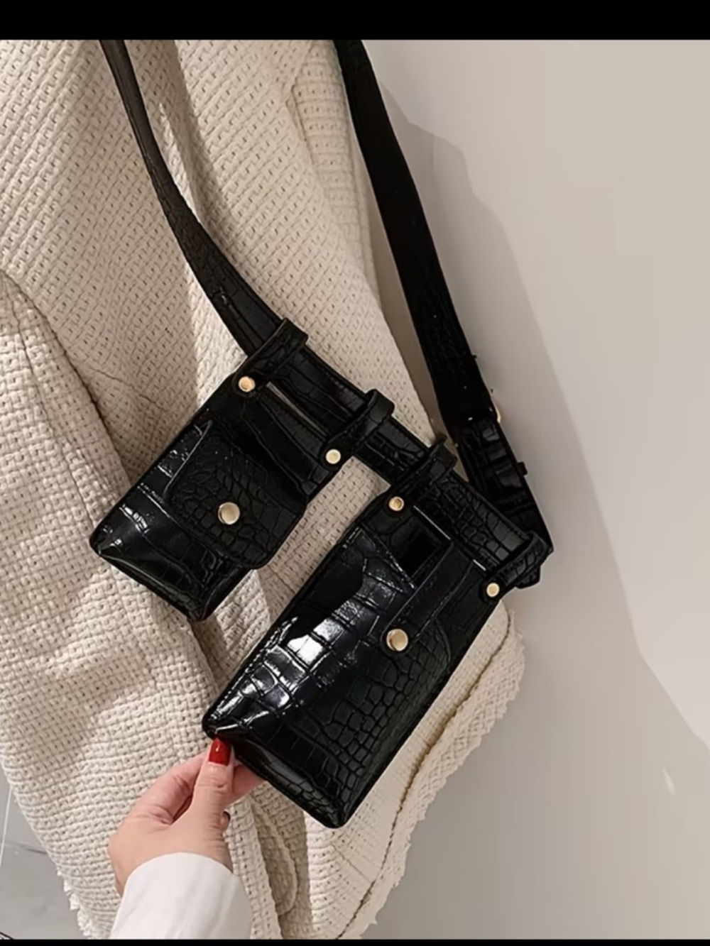Black Croc-Embossed Multi-Pouch Belt Bag - Picture 3 of 6